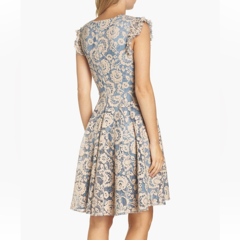 Eliza J Blue and Cream Pleated Fit and Flare Dress - Picture 3 of 8